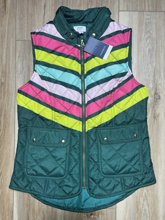 crown & ivy Jackets & Blazers - NWT Crown & Ivy Green Striped Quilted Puffer Vest - Women Size Small